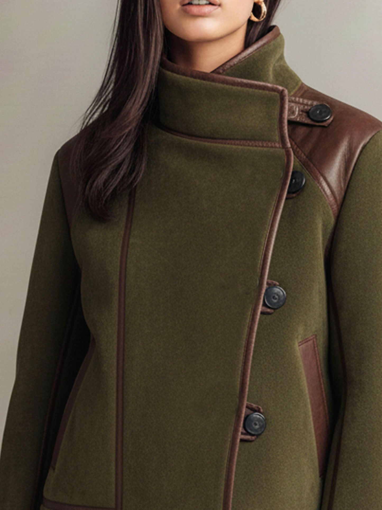 Asymmetric Olive Green Wool Jacket With Leather Trim