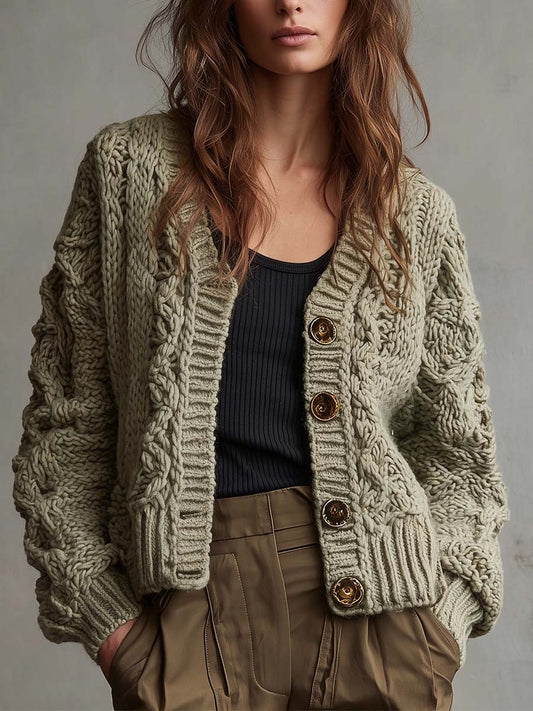 Sage Chunky Twisted Knit Cardigan With Gold Buttons