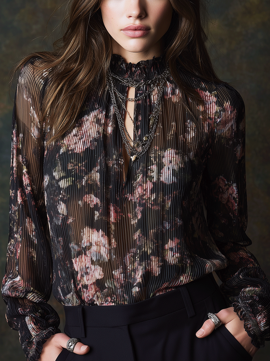 Vintage Boho Blossom Sheer Chiffon Blouse