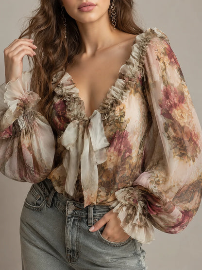 Boho Vintage Floral Tie-Front Chiffon Blouse