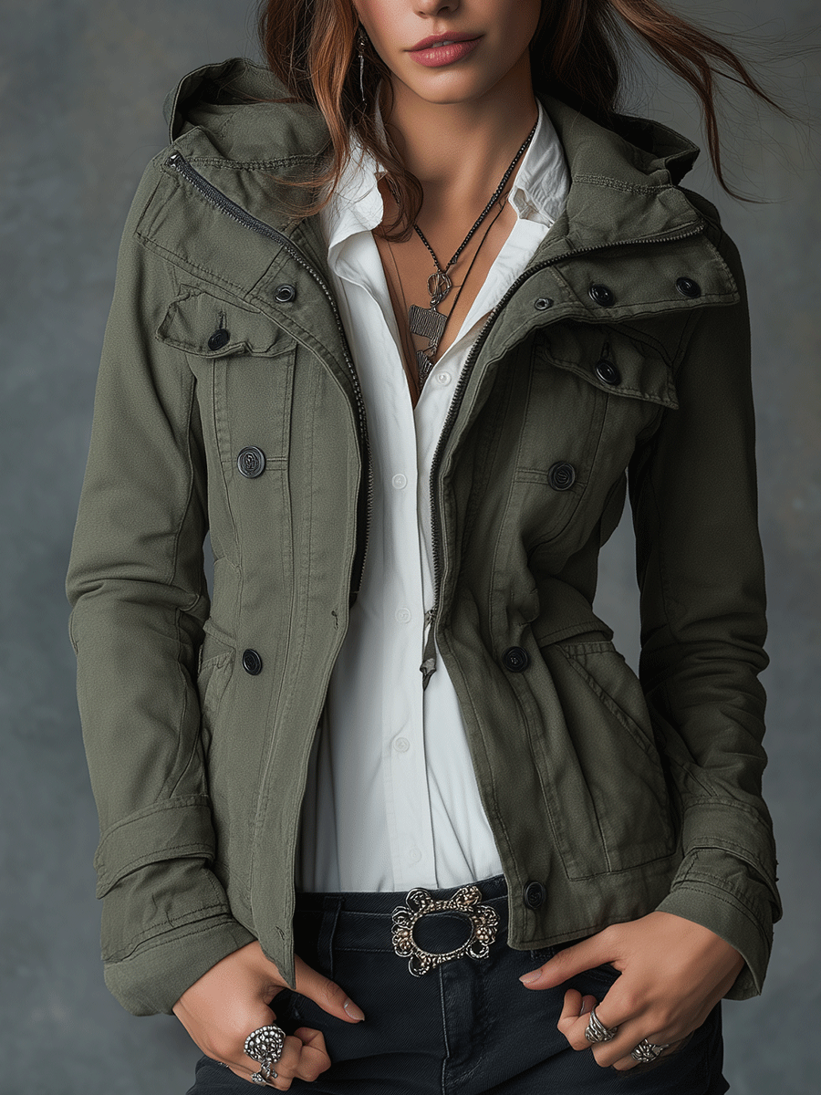 Everyday Slim-Fit Military Utility Cotton Hooded Jacket