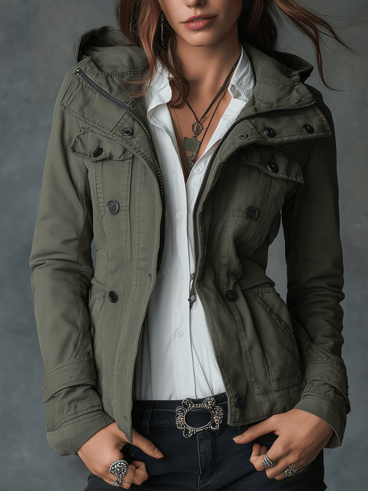 Everyday Slim-Fit Military Utility Cotton Hooded Jacket