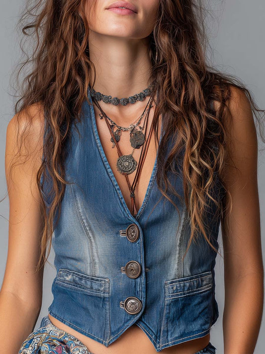 Washed Denim Vintage Button Detail Western Vest
