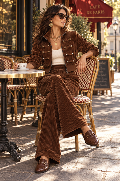 Boho Corduroy Military Style Zip Jacket & Wide Leg Pants Two-Piece Set