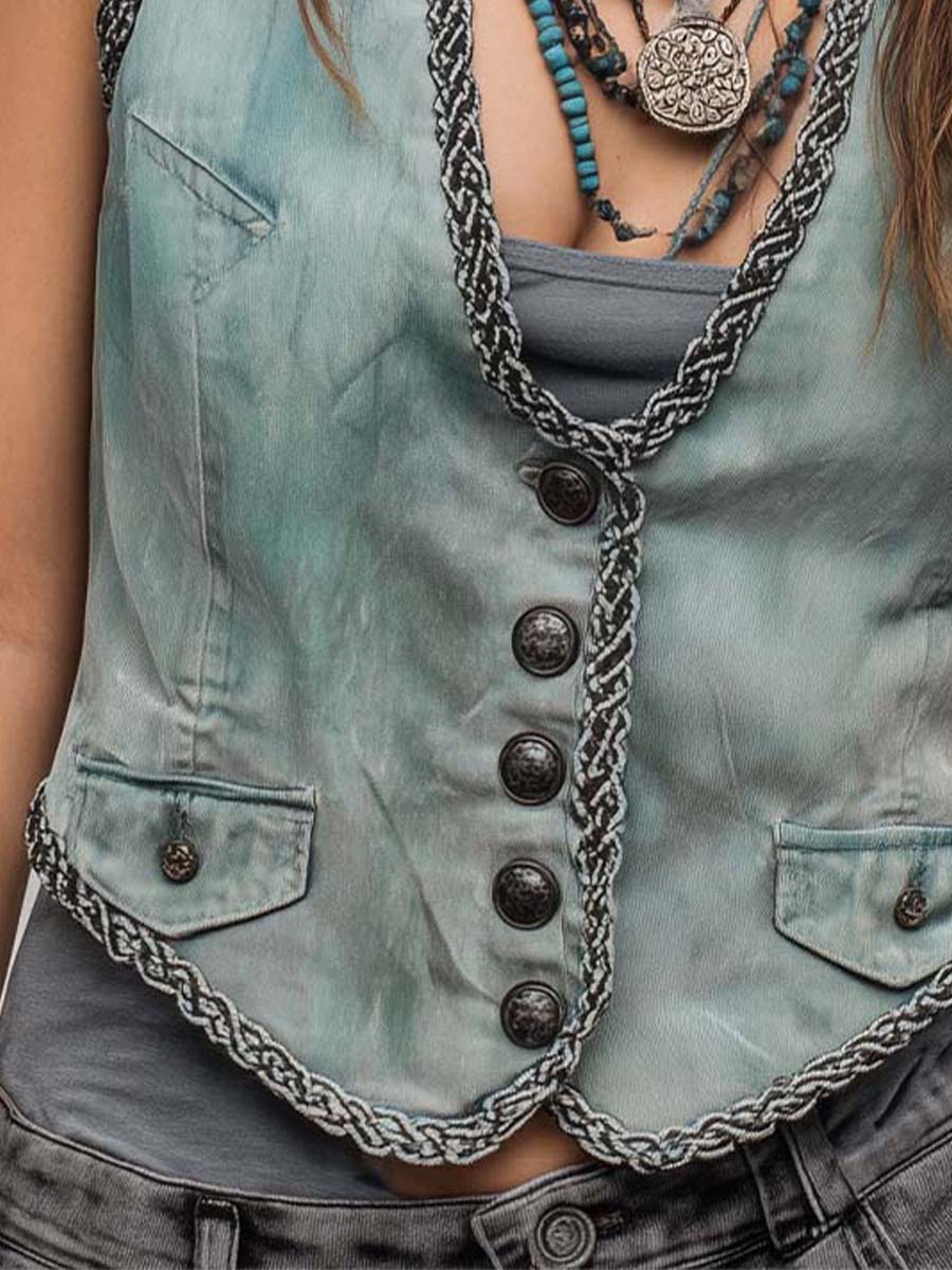 Vintage Washed Denim Mint Green Braided Trim Western Vest