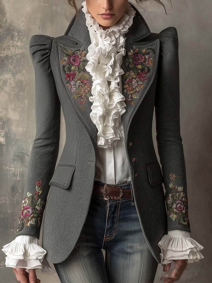 Vintage Wool-Blend Embroidered Tailored Blazer With Ruffled Cuffs