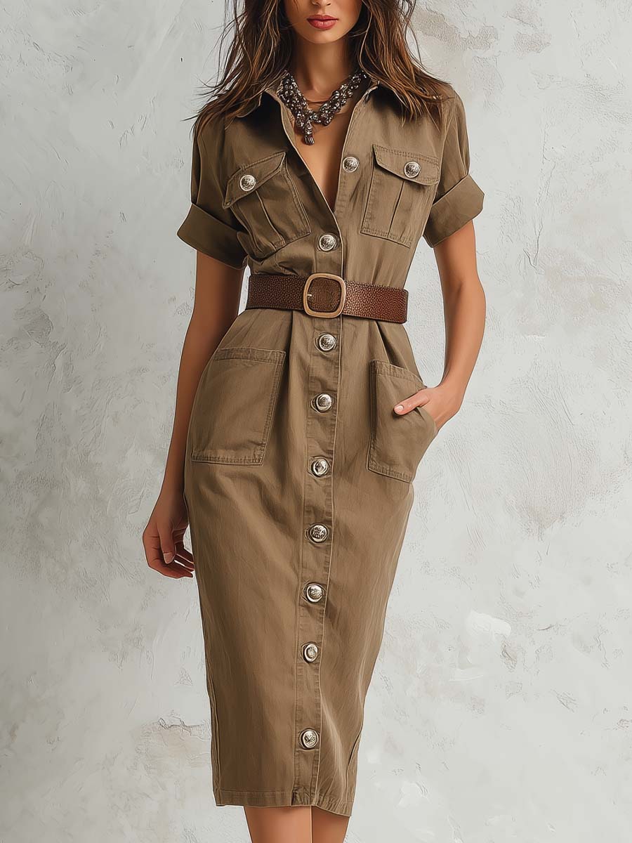 Vintage Cargo-Inspired Khaki Midi Dress