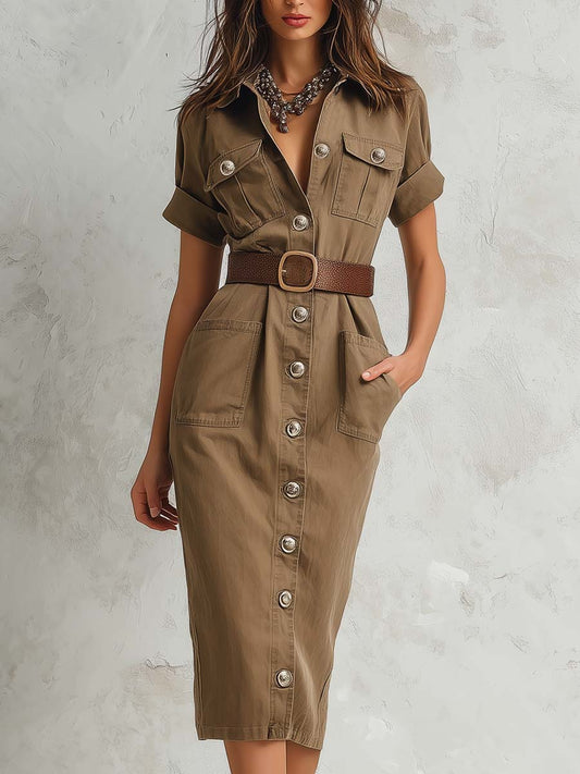Vintage Cargo-Inspired Khaki Midi Dress