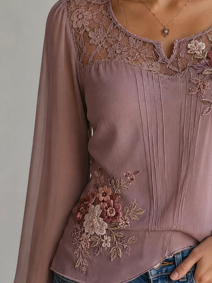 Dusty Rose Floral Embroidery Lace-Yoke Chiffon Blouse