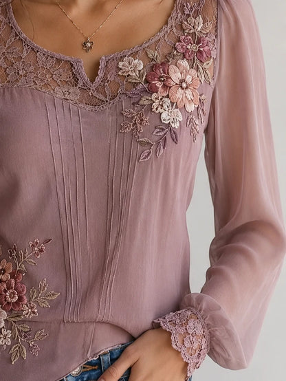 Dusty Rose Floral Embroidery Lace-Yoke Chiffon Blouse