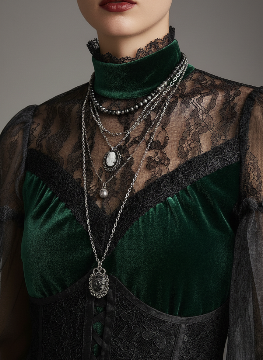 Emerald Velvet & Sheer Lace Corset Blouse