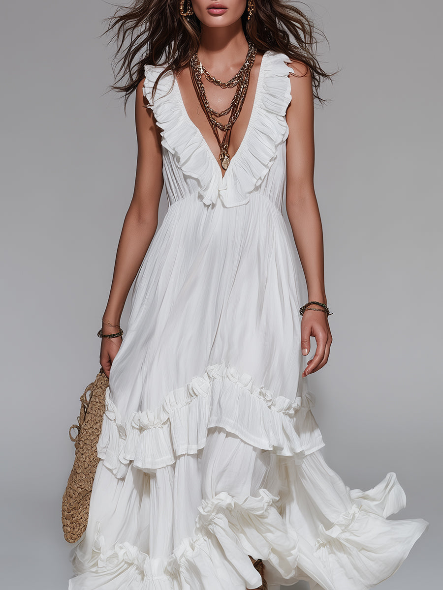 Vintage Sleeveless Maxi Dress With Ruffle Details