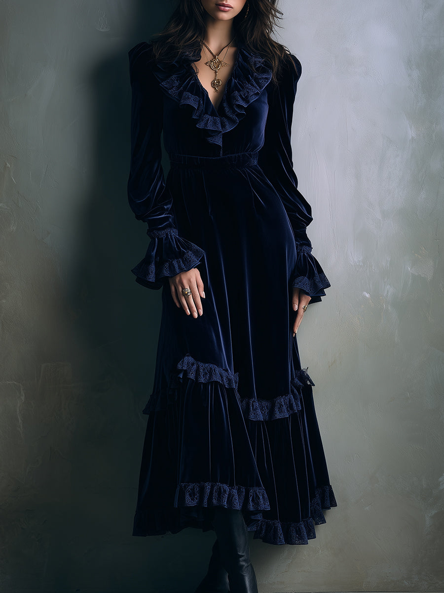 Retro Velvet Lace Ruffle Neckline Midi Dress