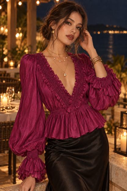 Boho V-neck Lantern Sleeves Tencel Blouse With Ruffles