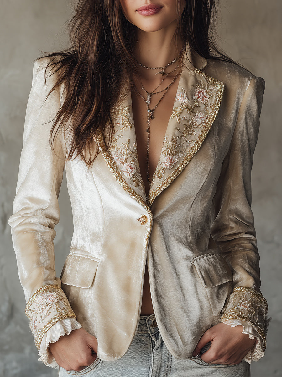 Quiet Luxury Flower Embroidery Slim Velvet Blazer