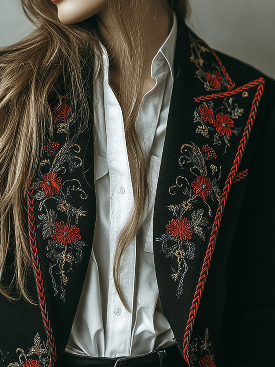 Vintage Boho Black Floral Embroidered Suit Blazer