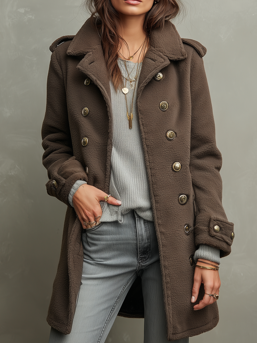 Vintage Teddy Polyester Fleece Military Style Coat