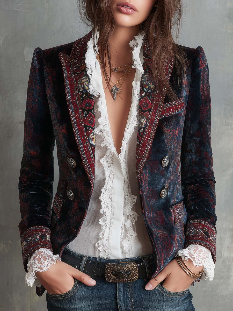Retro Polyester Velvet Printed Double-breasted Blazer