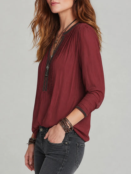 Vintage Contrast Trim Pleated Long Sleeve Henley Shirt