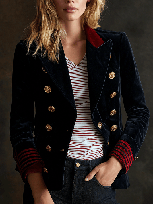 Navy Velvet Military Red Accents Blazer