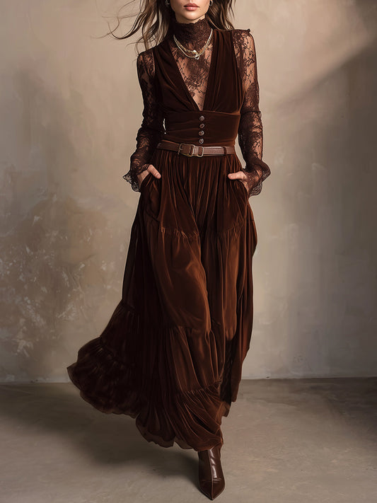 Retro Turtleneck Lace Top & Velvet Vest Maxi Dress Set With Belt