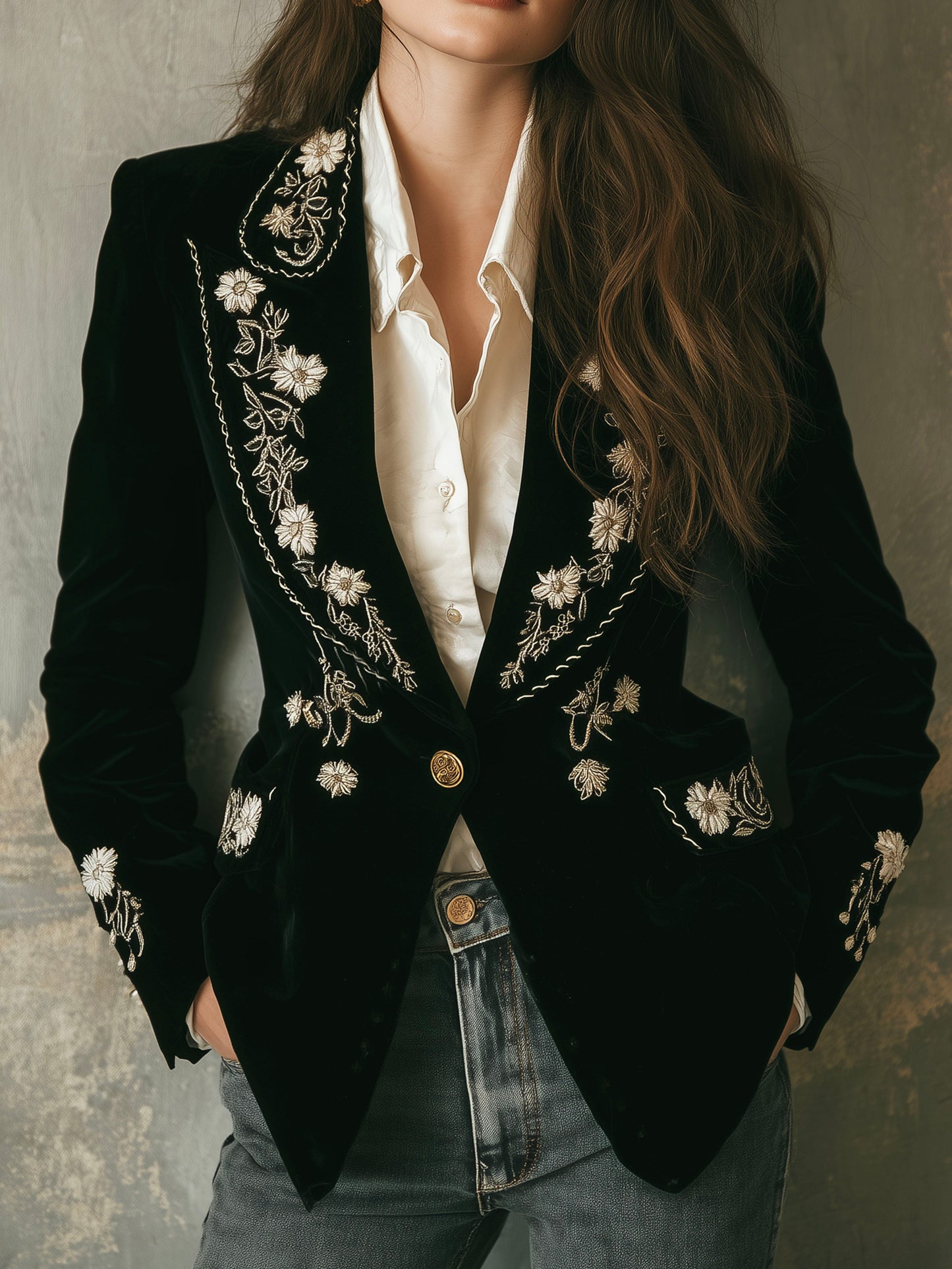 Vintage Black Velvet Floral Embroidered Blazer