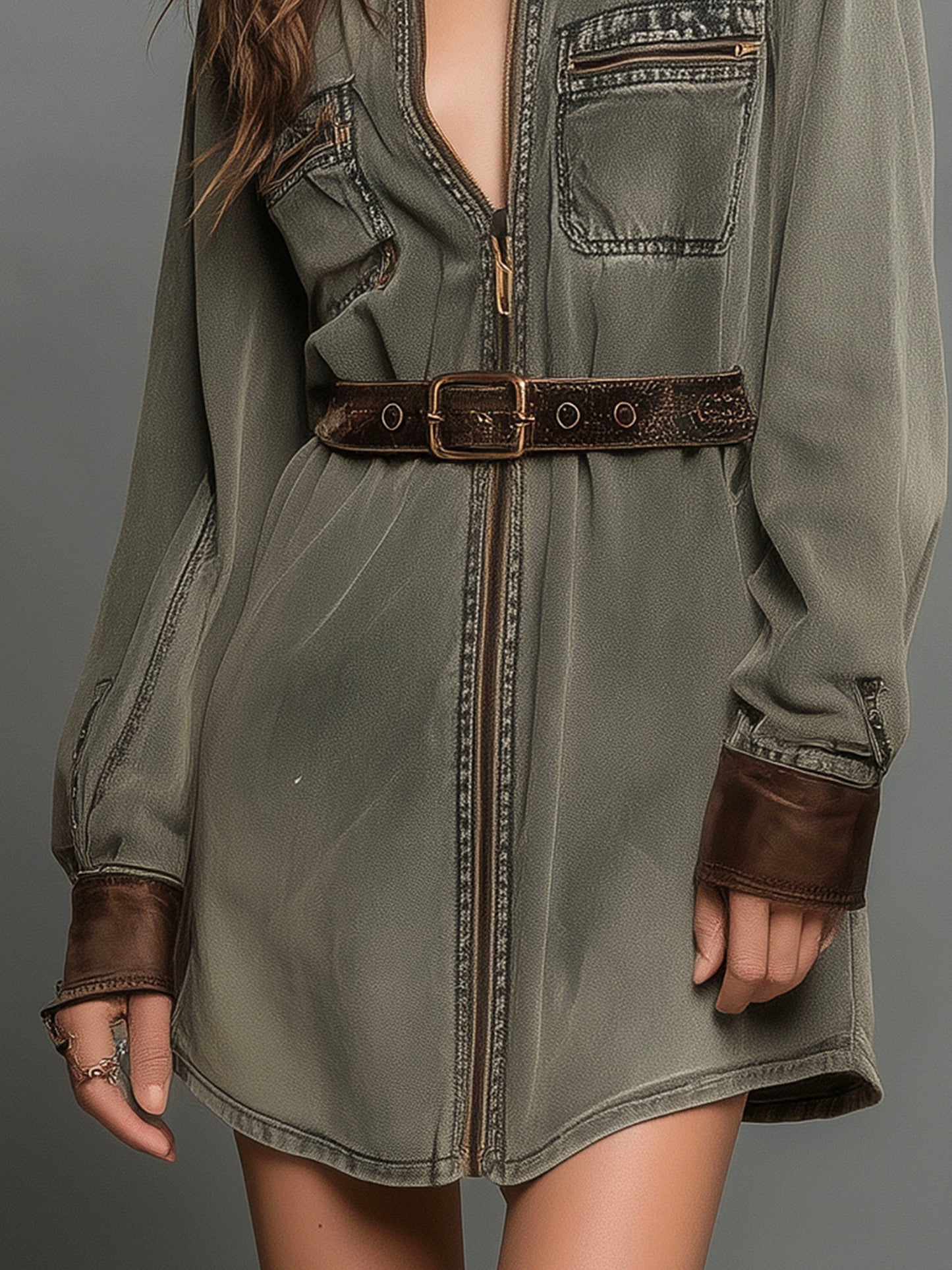 Olive Green Washed Utility Shirt Dress With Contrast Details