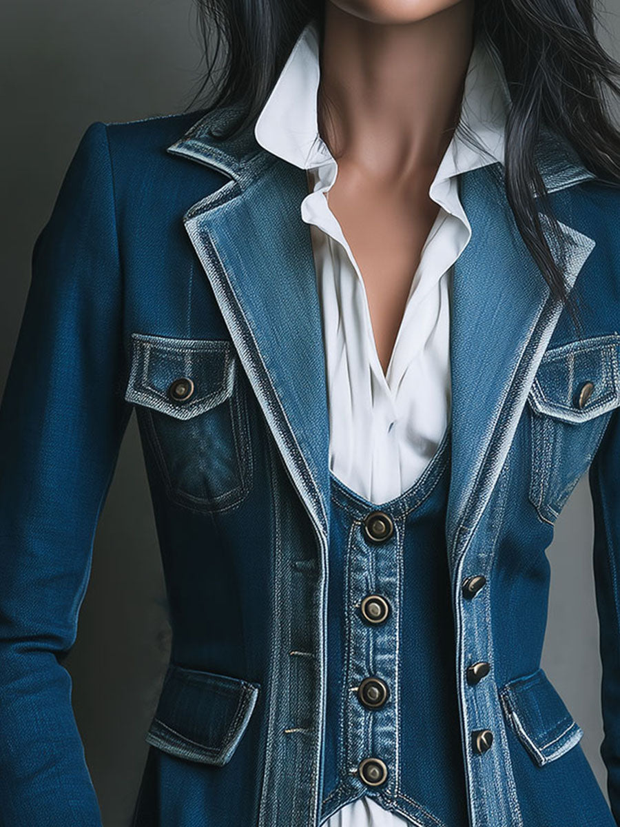 Vintage Washed Denim Tailored Blazer With Pockets