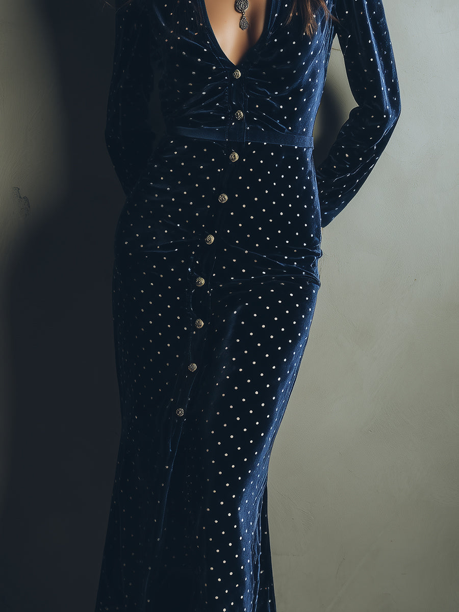 Quiet Luxury Puff Sleeve Velvet Polka Dot Midi Dress