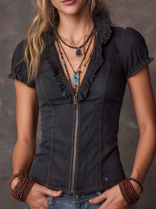 Retro Ruffled Collar Zip-up Denim Blouse