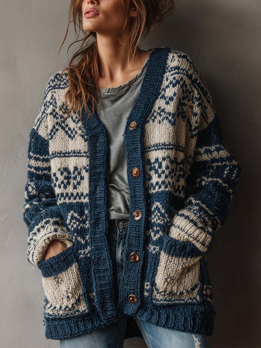Retro Colorblock Chunky Knit Cardigan