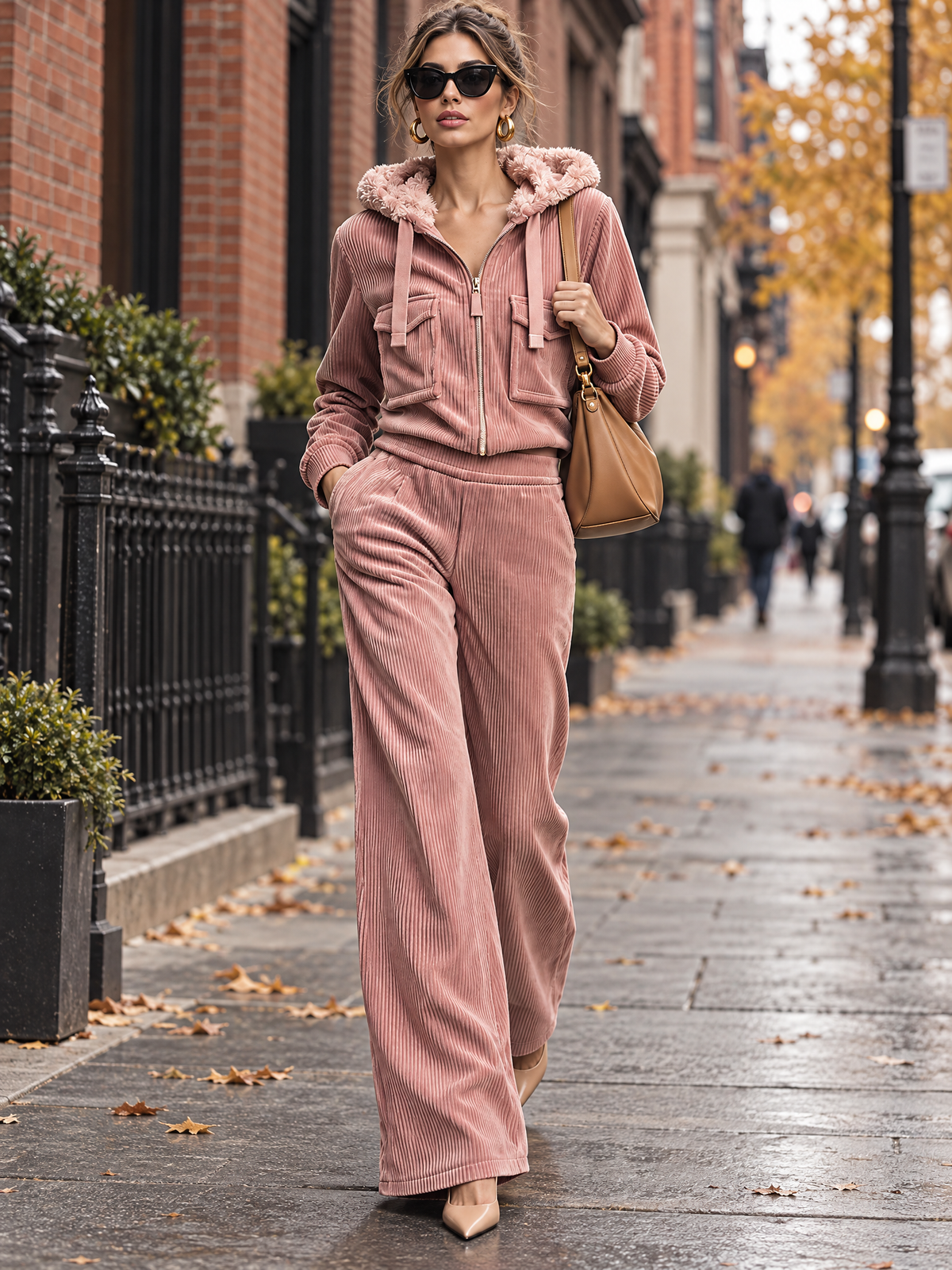 Dusty Pink Corduroy Zip-Up Faux Fur Trim Hoodie & Wide-leg Pants Set