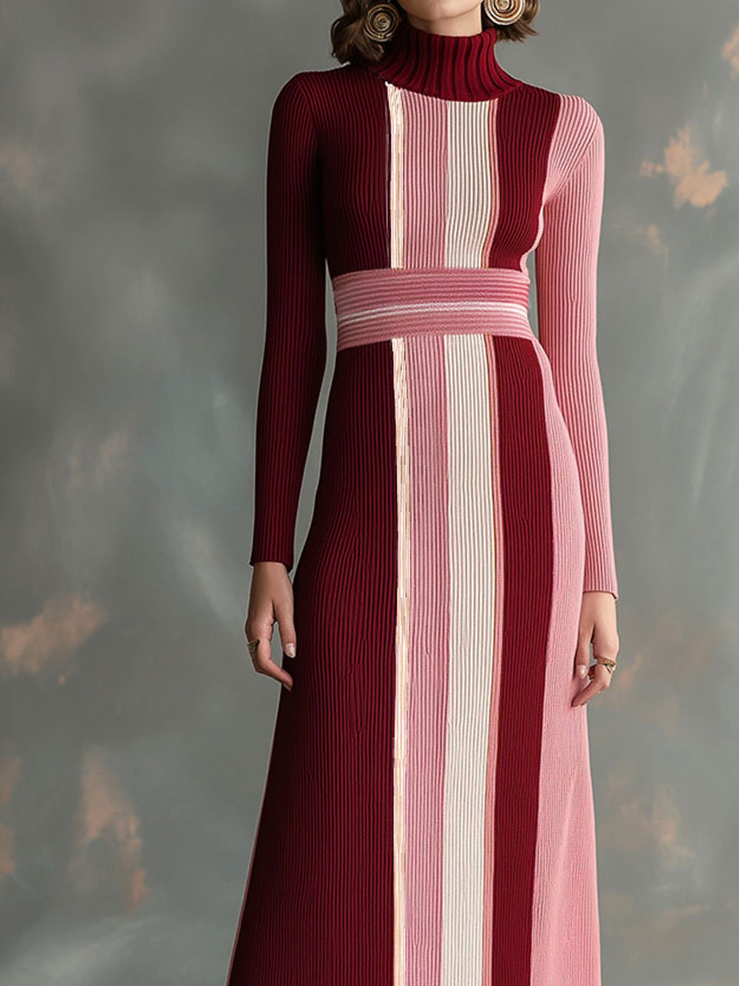 Elegant Color Block Turtleneck Ribbed Knit Maxi Dress