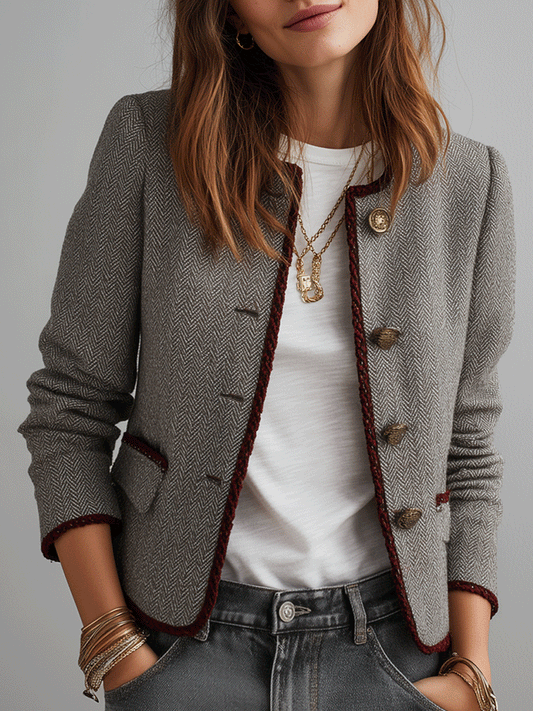 Vintage Tweed Contrast Trim Cropped Blazer