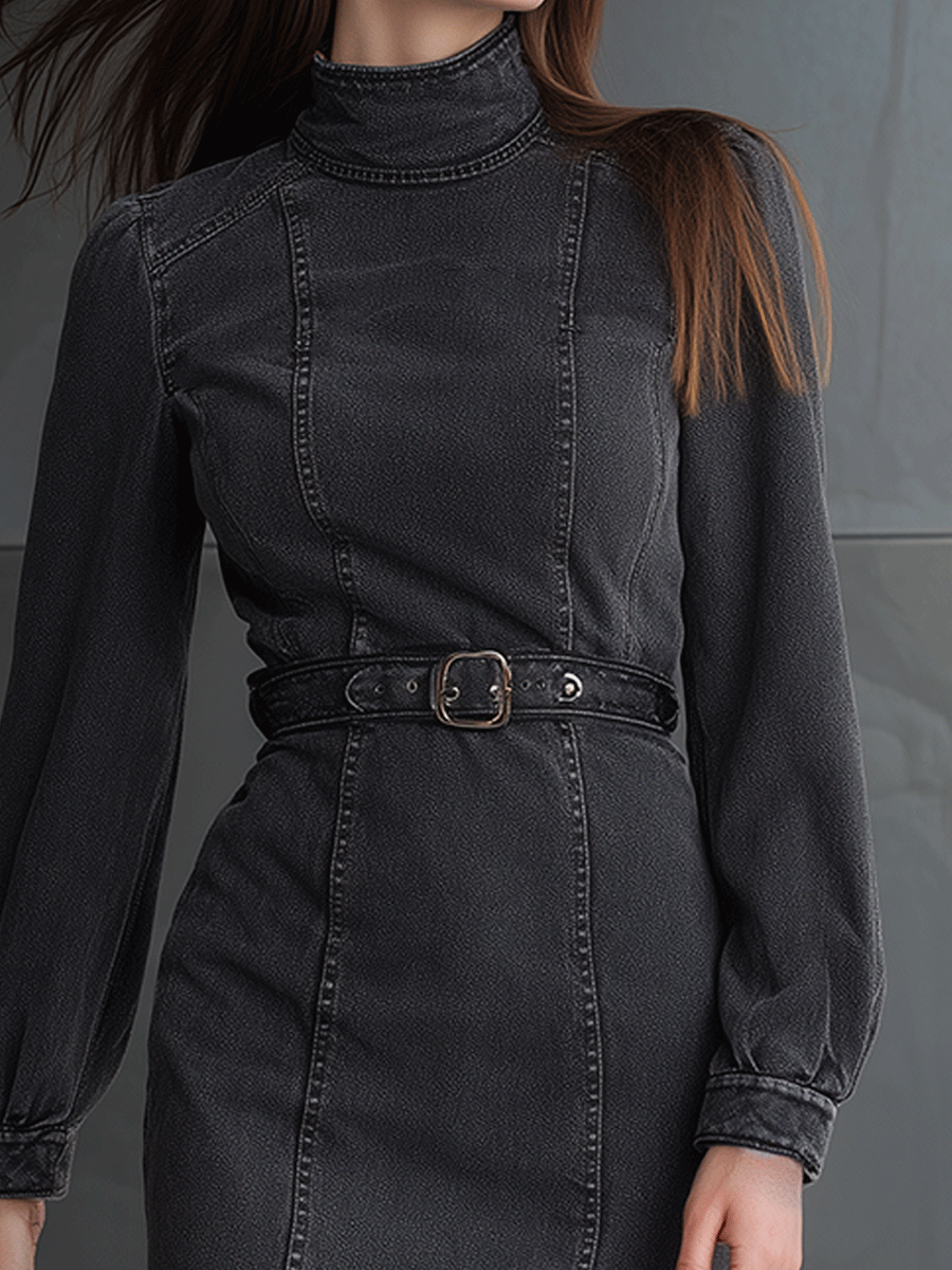 High Neck Belted Denim Mini Dress