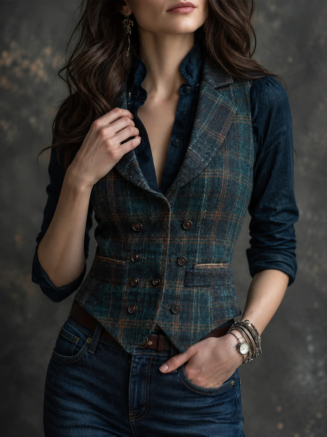 Retro Lapel Plaid Wool Vest