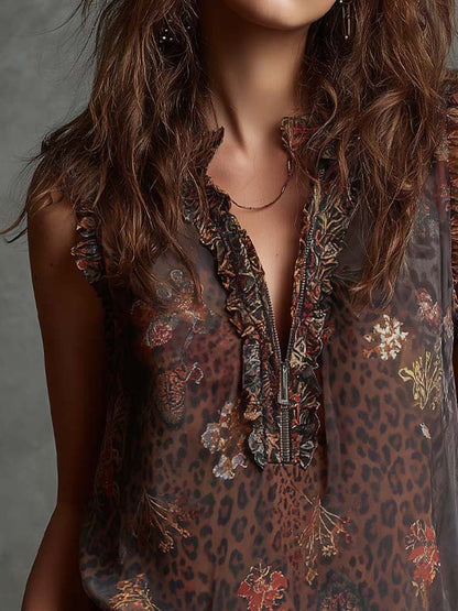 Boho Chiffon Sleeveless Leopard Floral Ruffle Top