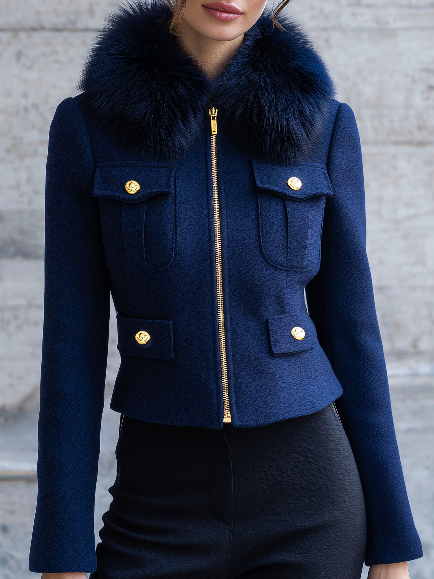 Luxury Eco Fur Collar Navy Wool-Blend Tailored Silhouette Jacket