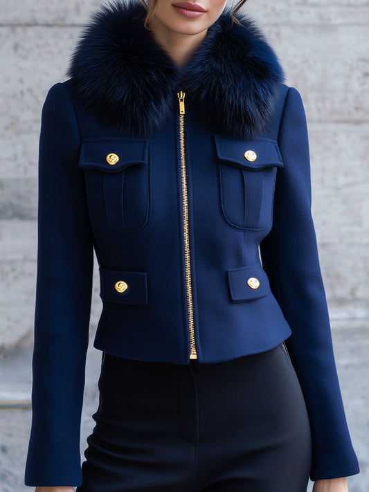 Luxury Eco Fur Collar Navy Wool-Blend Tailored Silhouette Jacket