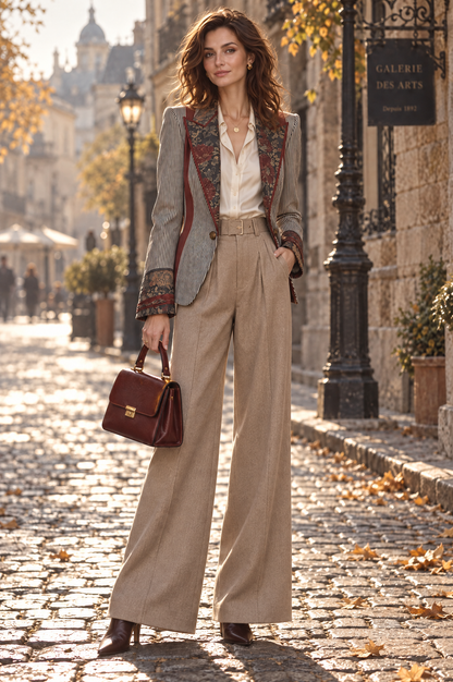 Quiet Luxury Striped Floral-Print Contrast Blazer with Piping Trim