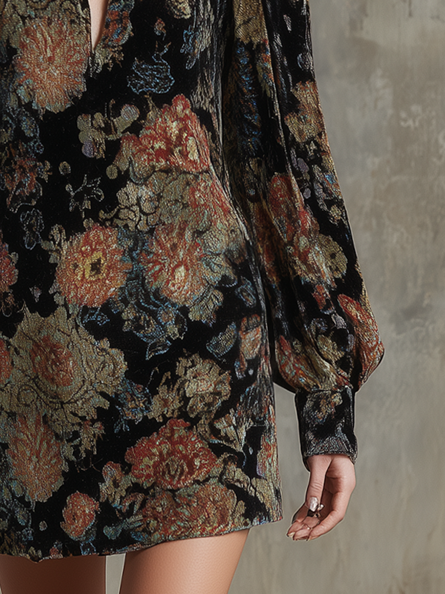 Vintage Floral Pleated Neck Velvet Mini Dress