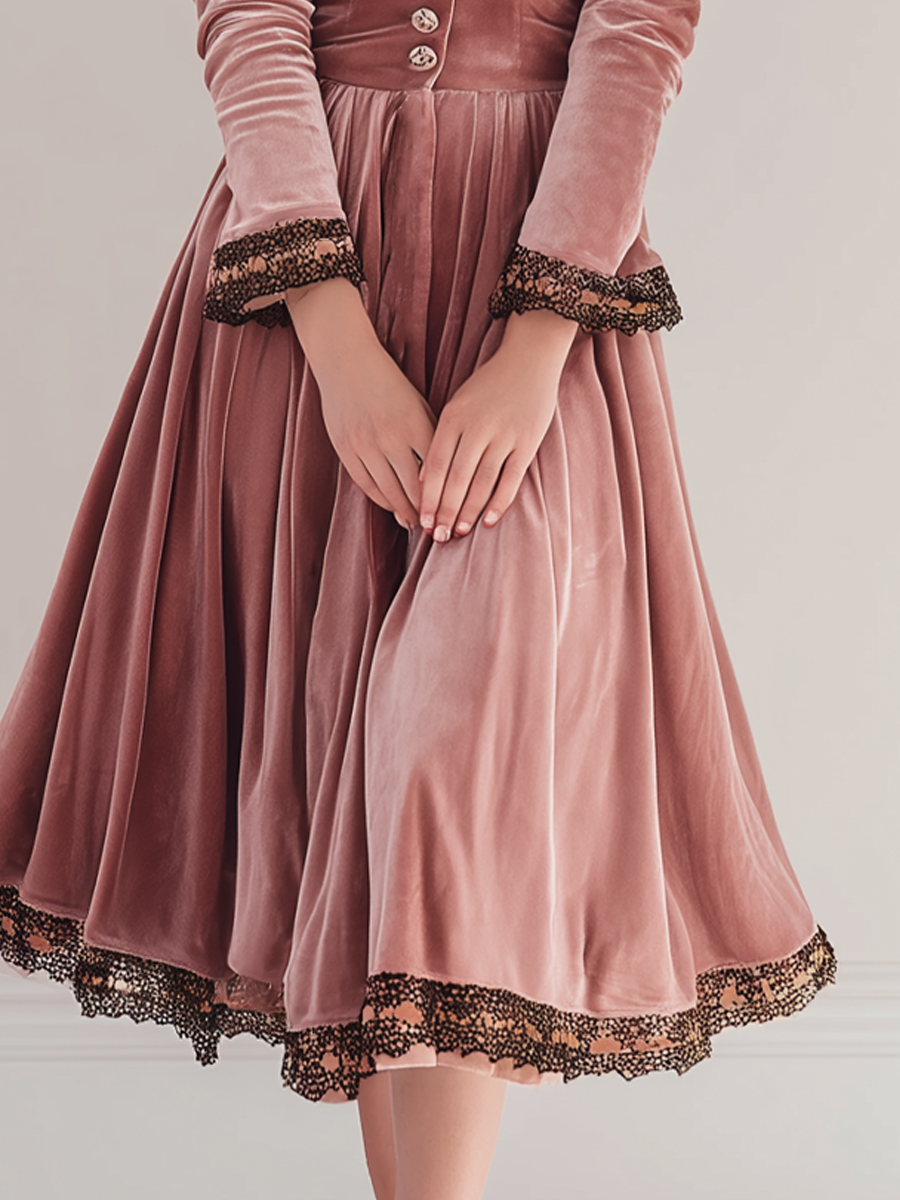 Vintage Lace-trimmed Polyester Velvet Midi Dress