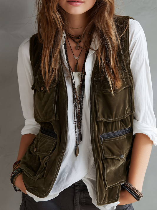 Vintage Multi-Pocket Velvet Vest