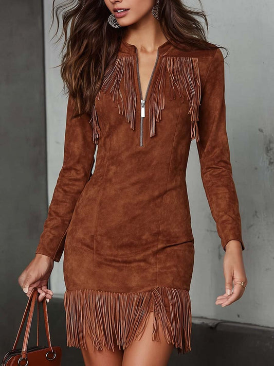 Retro Zippered Collar Tassel Polyester Suede Mini Dress