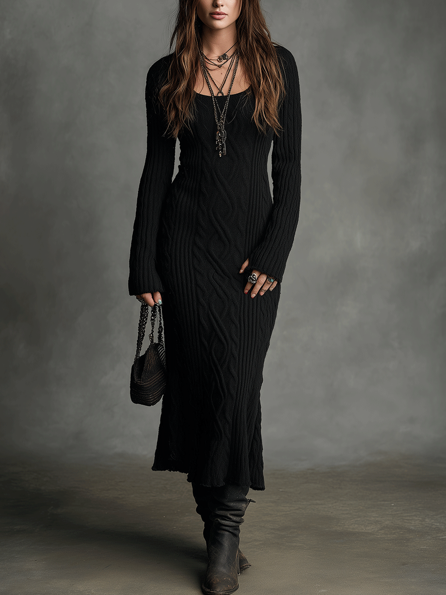 Elegant Black Ribbed Knit Square Neck Maxi Dress