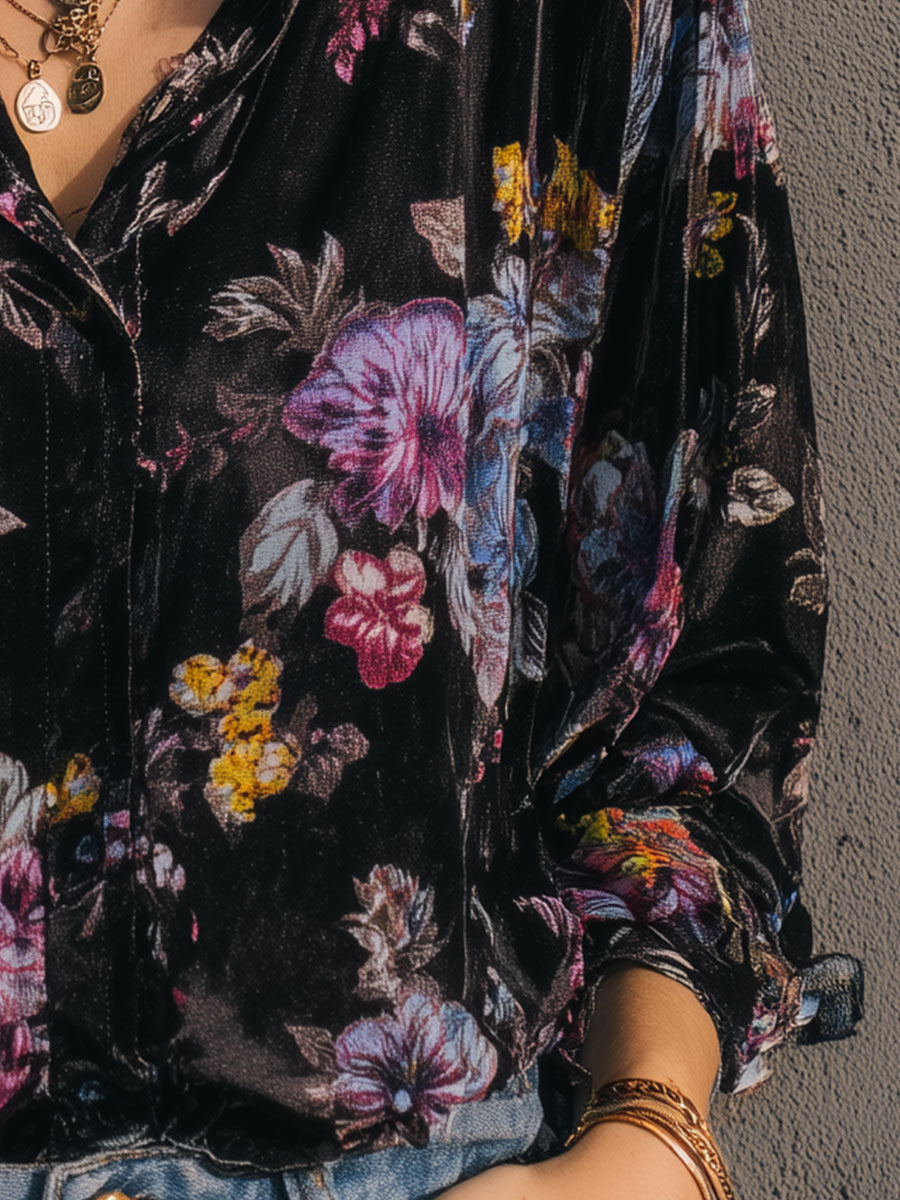Retro Gold Velvet Printed Long Sleeve Blouse