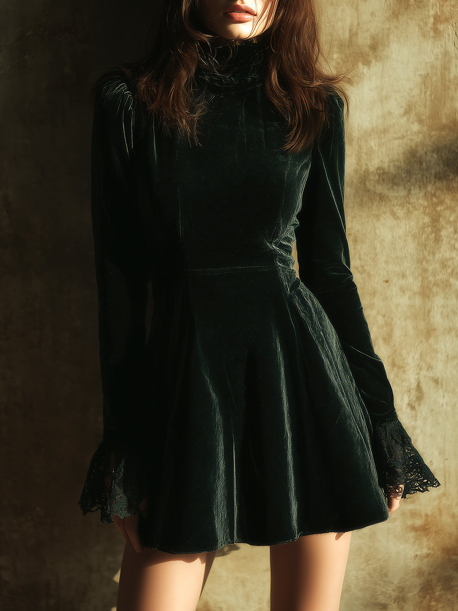 Quiet Luxury Velvet Half Turtleneck Lace Cuffs Mini Dress