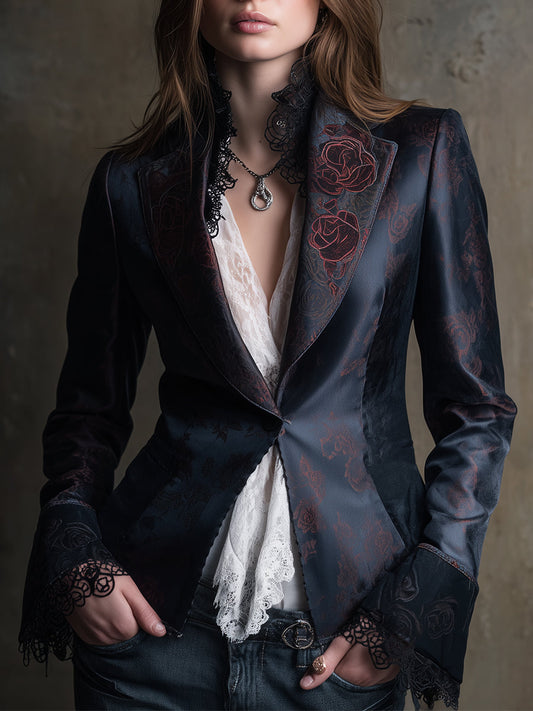 Quiet Luxury Matte Satin Printed Lace Blazer