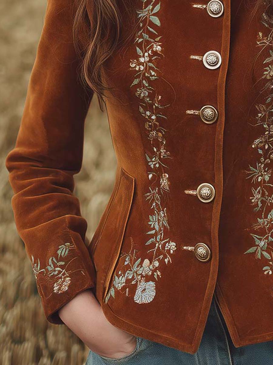 Vintage Microsuede Floral Embroidery Distressed Button Slim-Fit Jacket