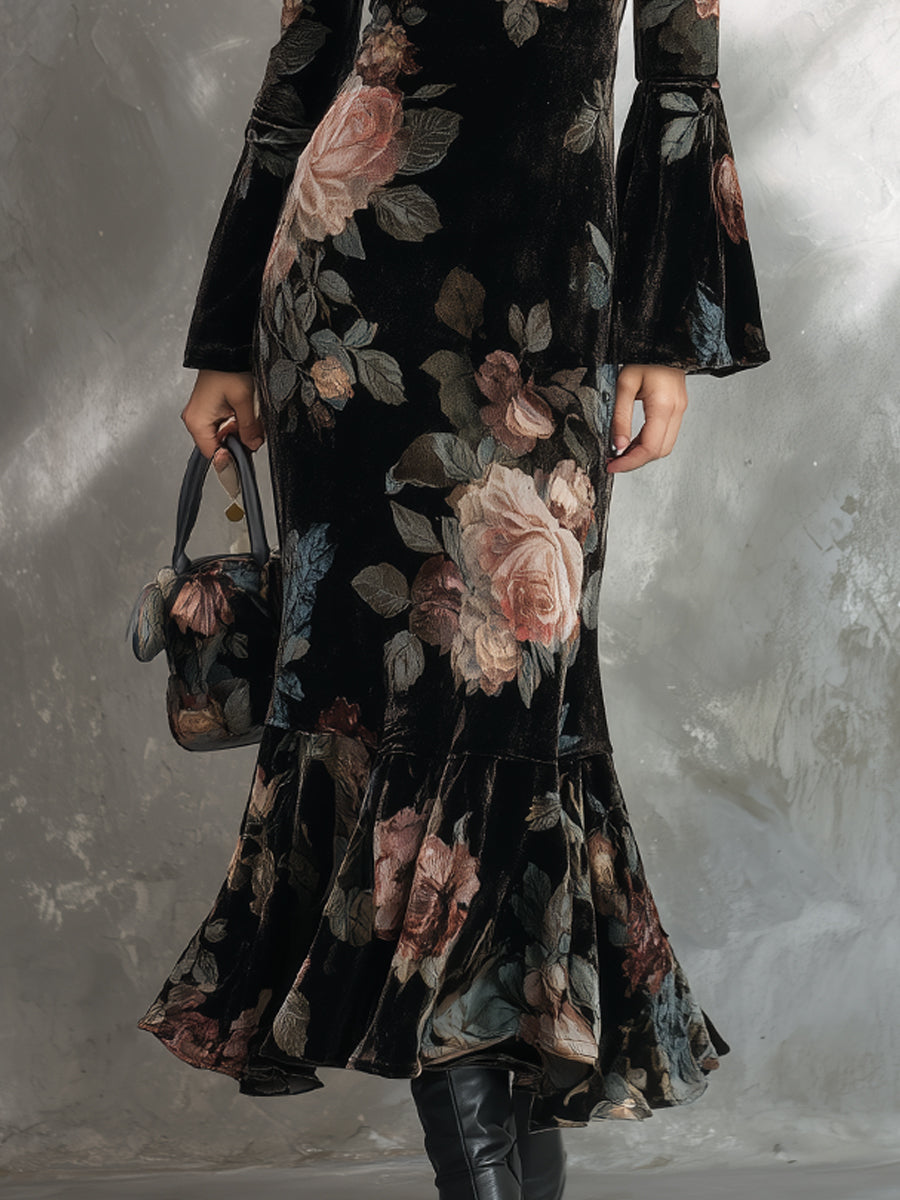 Elegant Rose Print Velvet Fishtail Midi Dress